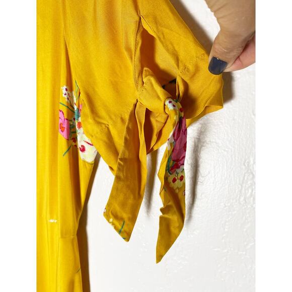 A.N.A A New Approach Women's Golden Yellow Rayon Floral Midi Dress Tie Sleeves - Picture 4 of 6